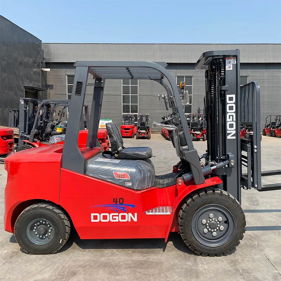 A red DOGON 4 ton diesel forklift parked in front of a warehouse.