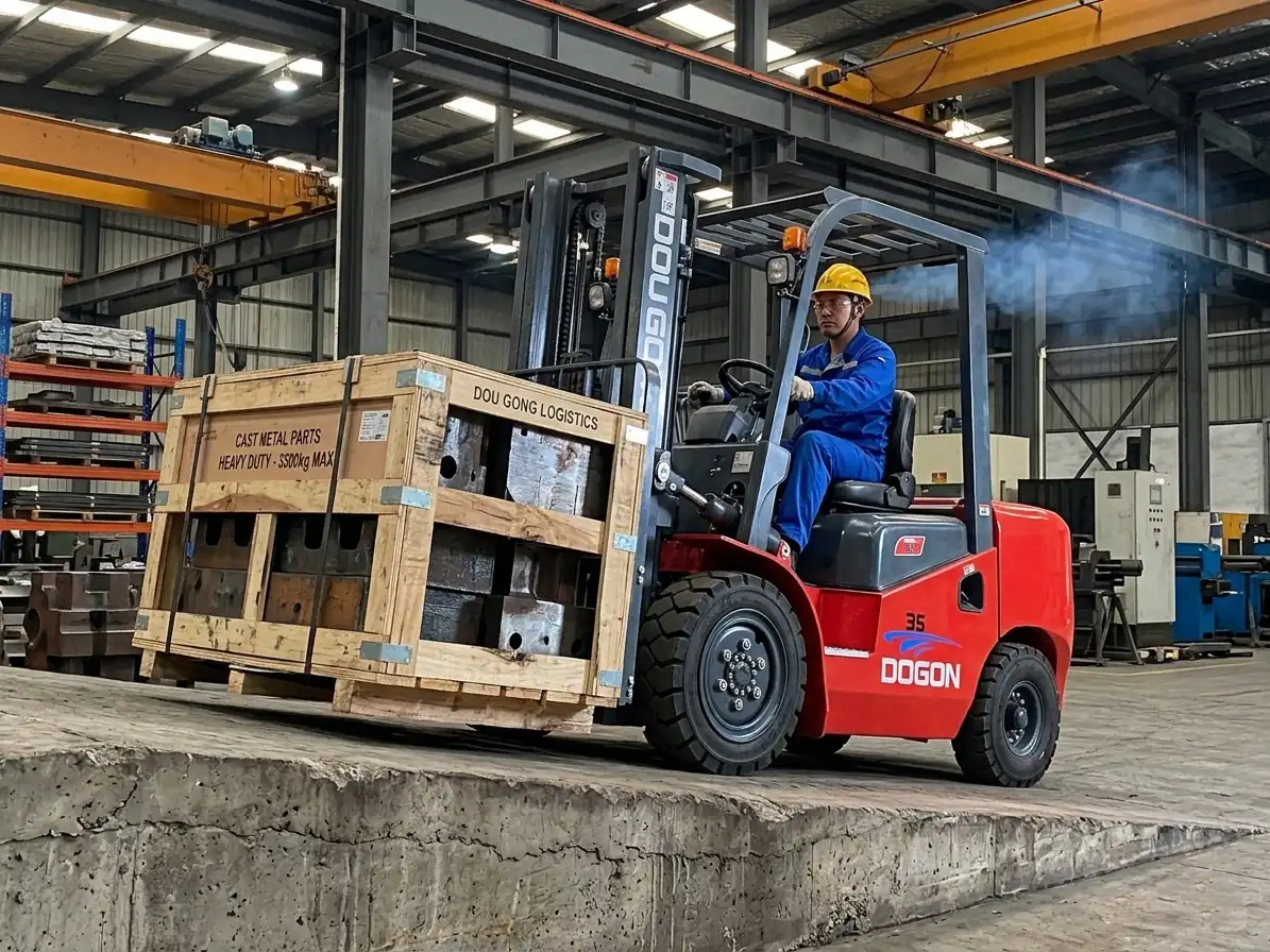 A red DOGON 3.5 ton diesel forklift carrying a heavy-duty wooden crate labeled 'Cast Metal Parts' while navigating an indoor warehouse ramp.