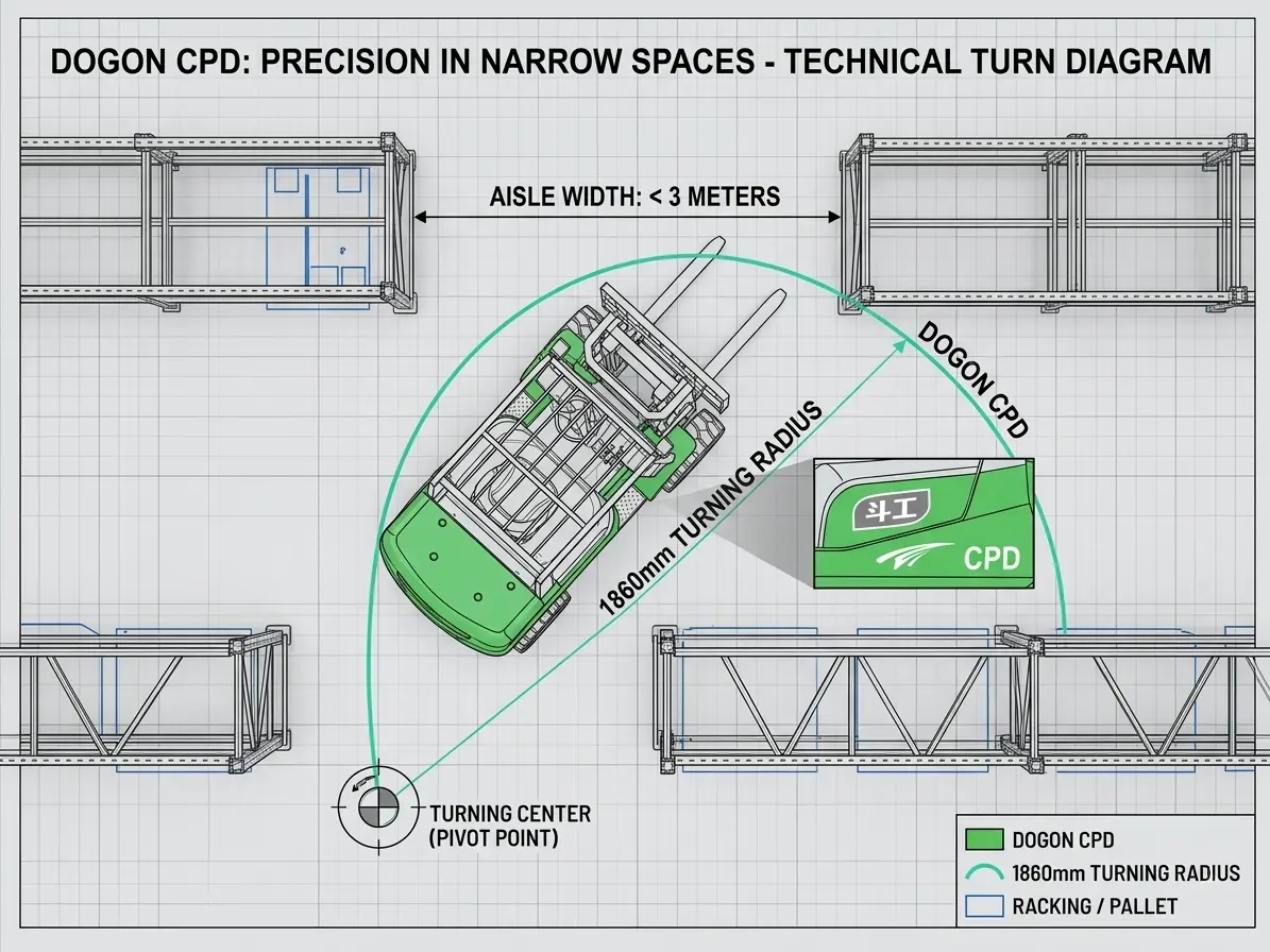 Technical diagram of a DOGON CPD electric forklift showcasing a 1860mm turning radius in a narrow warehouse aisle under 3 meters.