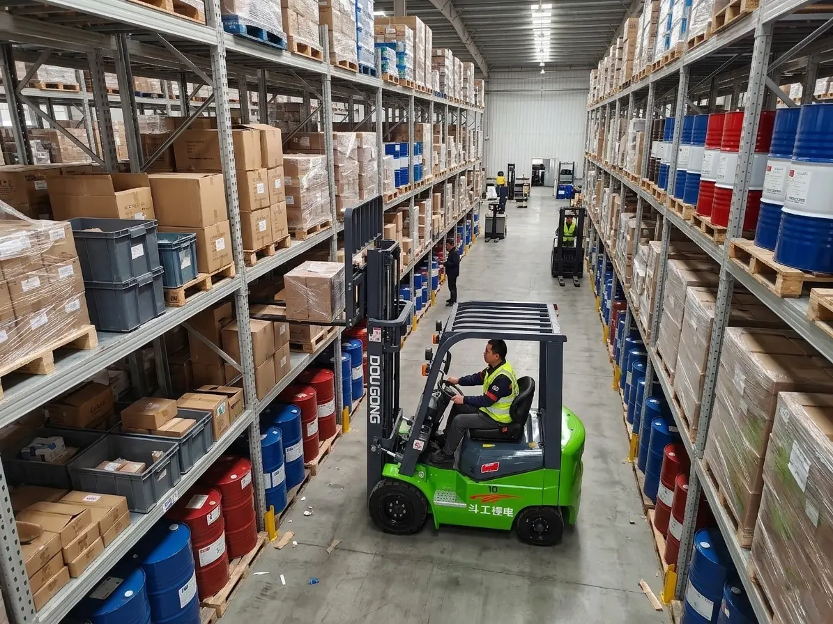 Overhead view of a green DOGON electric forklift operating inside a narrow aisle warehouse with high-reach racking and palletized barrels.