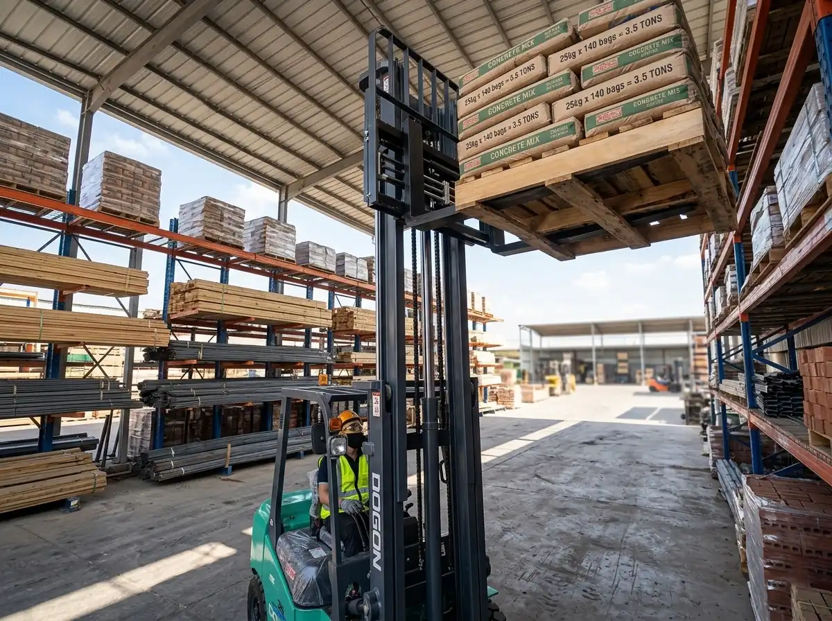 A DOGON forklift operator precisely placing a heavy pallet of 3.5-ton concrete mix bags onto a high-level warehouse racking system.