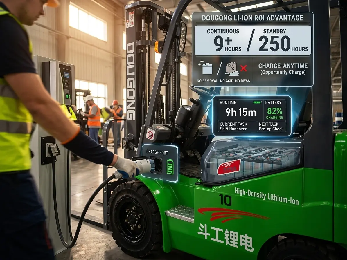 Infographic of a DOGON green Li-ion electric forklift charging, detailing ROI advantages like 9+ hours continuous runtime and 250 hours standby.